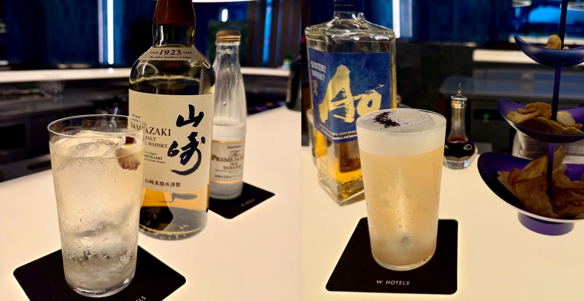 左は山崎にドライストロベリーを添えたBe Spokeハイボール。右はW大阪オリジナルのシグネチャーハイボール